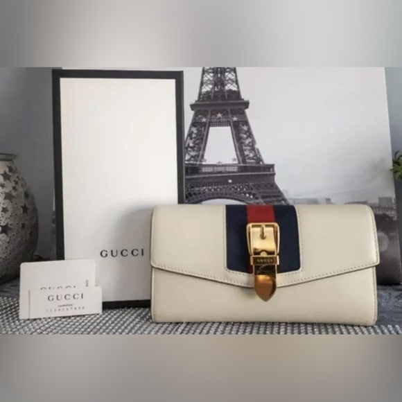 Gucci Sylvie Leather Webbed Long Wallet - Picture 1 of 15